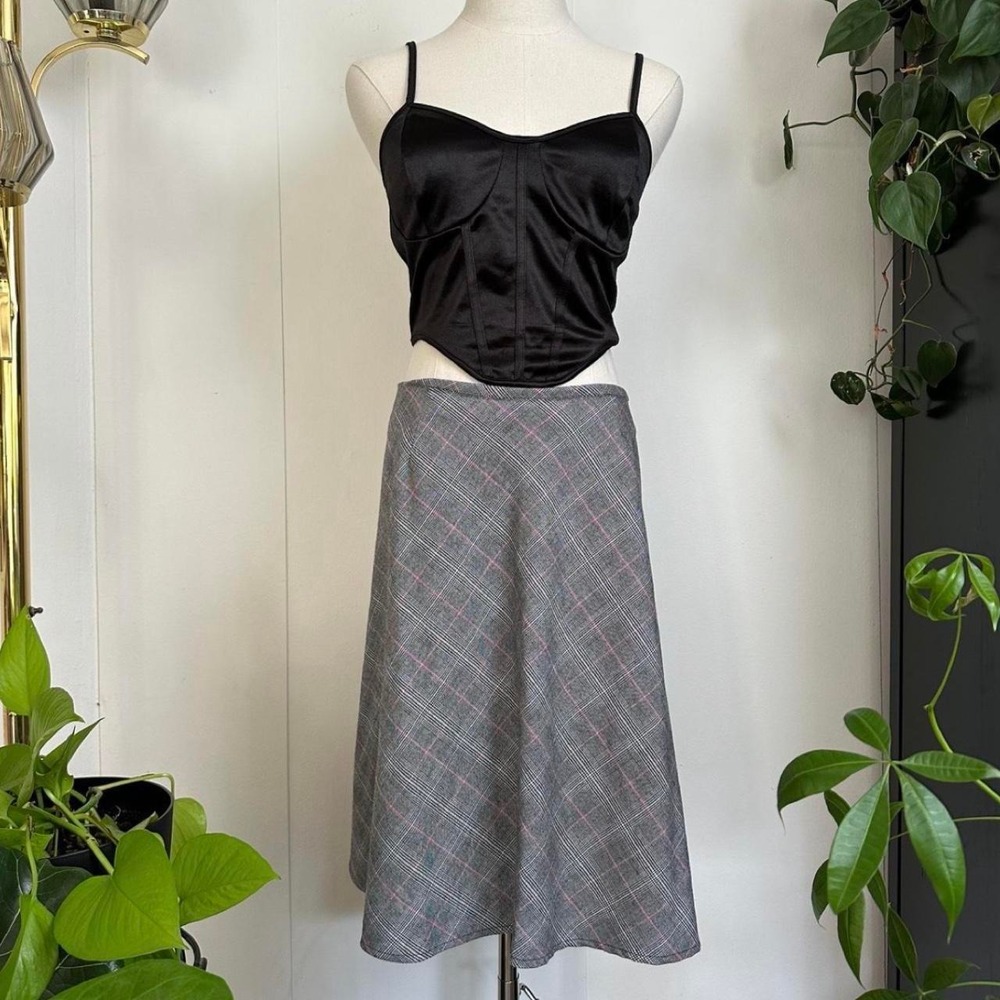CeCe Womens Grey Pink Plaid A-Line Midi Skirt Size 12 Preppy Lined Back Zip